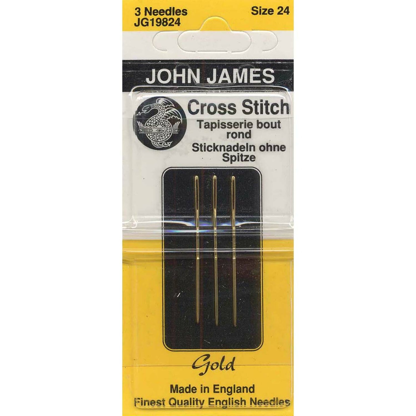 John James Cross Stitch Tapestry Gold Needles Size 24 3ct