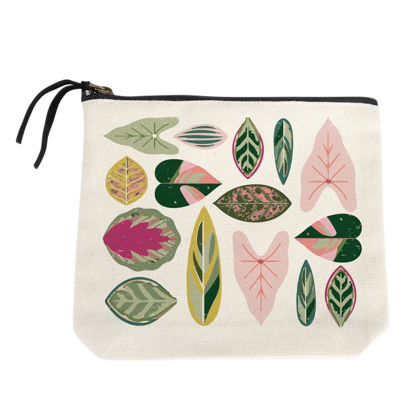 Pink & Green Leaves Small Canvas Pouch